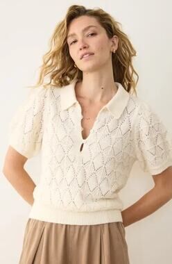 Marine Layer Rebecca Polo Short Sleeve Pointelle Cream Sweater Sz XS